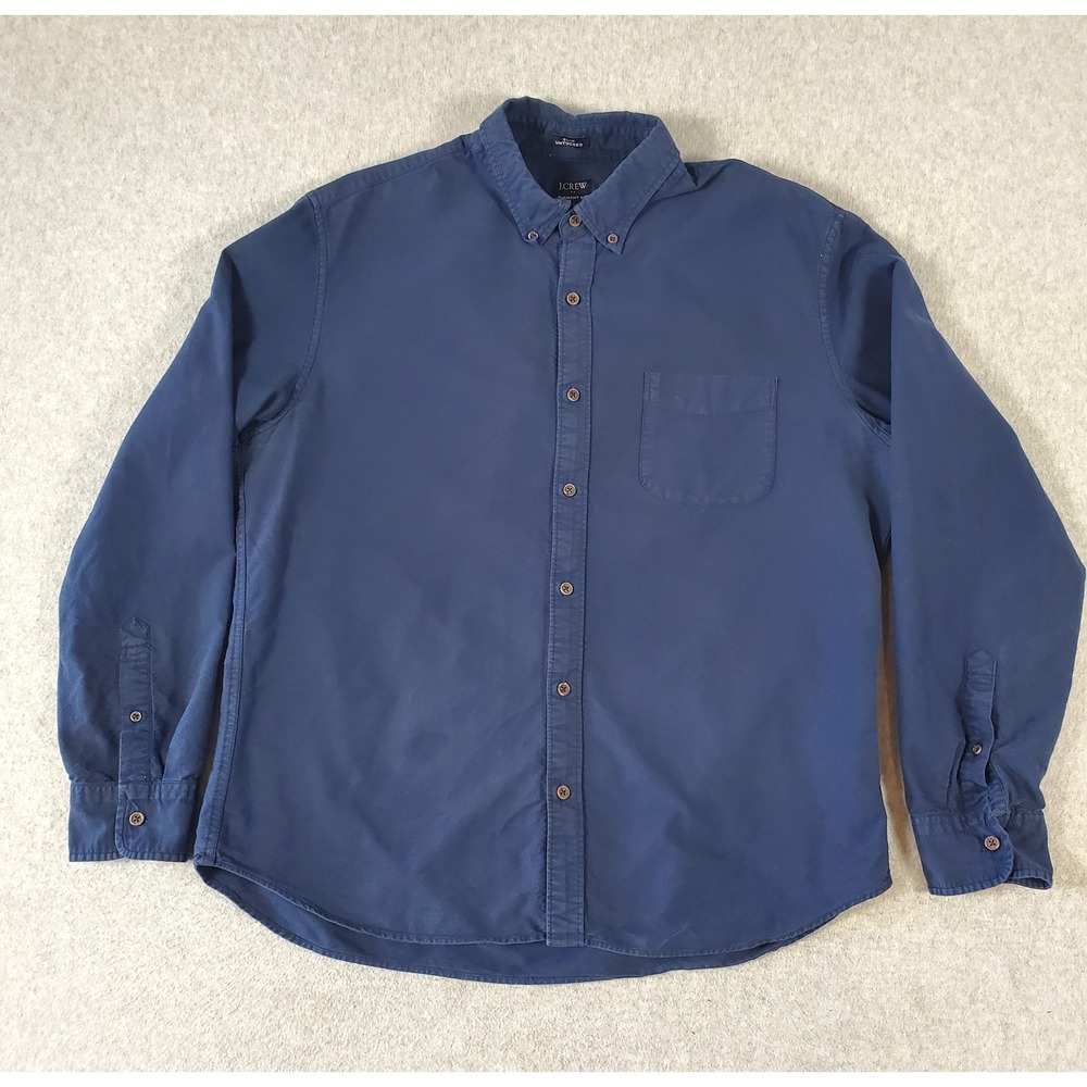 J Crew Mens XL Slim Untucked Garment Dye Shirt Navy Blue Long Sleeve Button Down